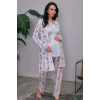 Kadın Viskon Hamile Lohusa Dantelli Sabahlık Önden Açılan Emzirme T-shirt Ve Pantolon Pijama 3lü Takım