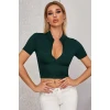 Kadın Yeşil Yarım Fermuarlı Ve Kısa Kollu Crop Top Bluz