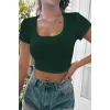 Kadın Yeşil Yarım Kol Düz Yaka Crop Top Bluz