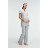 Kısa Kol V Yaka Kadın Polyester Elastan  Yazlık Örme Dantel Detaylı Hamile Pijama Takımı