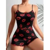 Pamuklu Kiss Öpücük Desen Siyah Fitilli Şortlu Pijama Takımı