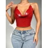 Parlak Kırmızı Crop & Bluz Kolsuz Kayık Yaka Zırh Büstiyer