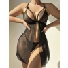 Siyah Dantel İşlemeli Göğüs İp Detaylı Dekolteli Fantezi Tül Gecelik String Takımı