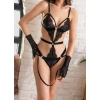 Siyah Dantel Jartiyer Fantezi İç Giyim Takımı Eldivenli, Seksi 3lü Set, Kadın Seksi İç Çamaşırı