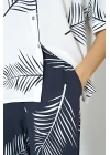 %100 Viskon Dokuma Lacivert Yaprak Desenli Önden Düğmeli Pijama Takımı