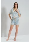%100 Viskon Dokuma Önden Düğmeli Mavi Şortlu Pijama Takımı