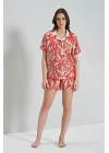 %100 Viskon Dokuma Önden Düğmeli Narçiçeği Şortlu Pijama Takımı