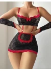 5 Parça Kırmızı Siyah Dantel Çiçek Desen Hizmetçi Model Özel Fantazi Tanga Hediyeli 3815