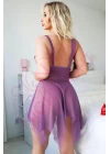Alt Kısmı Tül Üst Kısmı Dantel Derin Yırtmaçlı Mor Fantazi Gecelik