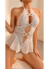 Beyaz Dantel İşlemeli Dekolteli Fantezi Babydoll