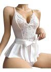 Beyaz Dantel İşlemeli Kurdelalı Fantezi Tül Babydoll