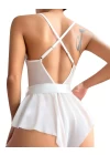 Beyaz Dantel İşlemeli Kurdelalı Fantezi Tül Babydoll