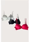 Beyaz-siyah-kırmızı 3lü Mikro Kumaş Push Up Dolgulu Balenli Günlük Destekli Sütyen
