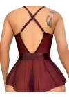 Bordo Dantel İşlemeli Kurdelalı Fantezi Tül Babydoll