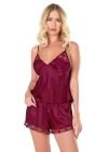Bordo Saten Babydoll Şort Takımı