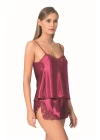 Bordo Saten Babydoll Şort Takımı