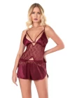 Bordo Saten Babydoll Şort Takımı