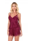 Bordo Saten Babydoll Şort Takımı