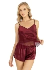 Bordo Saten Şort Takımı 9209