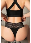 Büyük Beden Bel Kısmı Dantelli Fantezi Siyah Tanga String