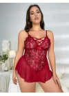 Büyük Beden Bordo Dantel İşlemeli Fırfırlı Fantezi Babydoll
