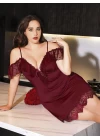 Büyük Beden Bordo Dantel İşlemeli İnce Askılı Gecelik