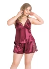 Büyük Beden Bordo Saten Babydoll Şort Takımı