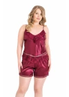 Büyük Beden Bordo Saten Babydoll Şort Takımı