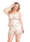 Büyük Beden Fildişi Saten Babydoll Şort Takımı