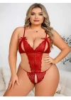 Büyük Beden Kırmızı Dantel İşlemeli Dekolteli Fantezi Babydoll