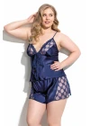 Büyük Beden Lacivert Saten Babydoll Şort Takımı
