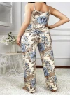 Büyük Beden Mavi Çiçek Desenli İnce Askılı 2li Saten Pijama