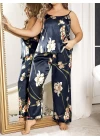 Büyük Beden Mavi Üstüne Çiçek Desenli İnce Askılı 2li Saten Pijama Takımı