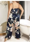 Büyük Beden Mavi Üstüne Çiçek Desenli İnce Askılı 2li Saten Pijama Takımı
