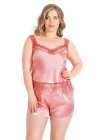 Büyük Beden Mercan Saten Babydoll Şort Takımı
