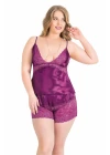 Büyük Beden Mor Saten Babydoll Şort Takımı