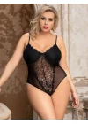 Büyük Beden Siyah Dantel İşlemeli Tül Fantezi Babydoll