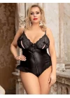 Büyük Beden Siyah Parlak Dantel İşlemeli Fermuarlı Fantezi Babydoll