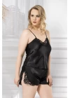 Büyük Beden Siyah Saten Babydoll Şort Takımı