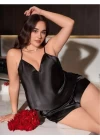 Büyük Beden Siyah Saten Şortlu Takım