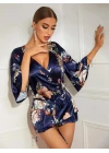 Çiçek Desenli Mavi Mini Saten Gecelik Sabahlık