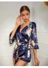 Çiçek Desenli Mavi Mini Saten Gecelik Sabahlık