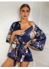 Çiçek Desenli Mavi Mini Saten Gecelik Sabahlık