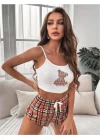Ekoseli Ayıcık Desenli Askılı Şortlu Pijama Takımı