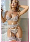 Ekru Göğüs Balenli Dantelli Zincir Detaylı Seksi Jartiyer Takım