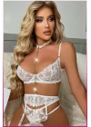 Ekru Göğüs Balenli Dantelli Zincir Detaylı Seksi Jartiyer Takım