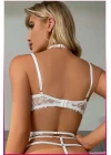 Ekru Göğüs Balenli Dantelli Zincir Detaylı Seksi Jartiyer Takım