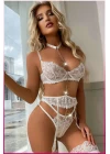 Ekru Göğüs Balenli Dantelli Zincir Detaylı Seksi Jartiyer Takım
