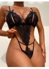 Fiyonklu Dantelli Siyah Fantezi Body
