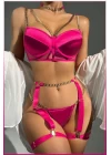 Fuşya Merdüven Zincirli Göğüs Balenli Kadın Seksi Jartiyer Takım